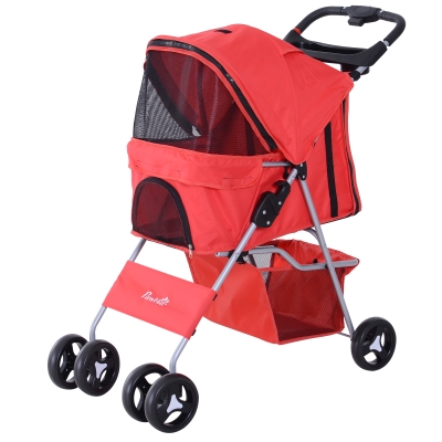 PawHut Cochecito para Mascotas Plegable Carrito para Perros con Toldo Ajustable Cesta de Almacenaje y Ruedas con Freno Tela Oxford Marco de Acero 75x46x94 cm Rojo