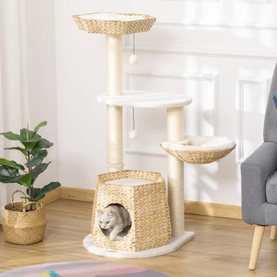 PawHut Cat Tree Tower Climbing Activity Center Kitten Furniture with Cattail Fluff Bed Condo Sisal Scratching Post Hanging Ball 50 x 50 x 119cm Natural