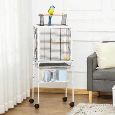 PawHut Large Metal Bird Cage Open Top Aviary for Finch Canaries, Budgies with Handle, Rolling Stand, Slide-out Tray, Storage Shelf, Wood Perch, Food Containers, White