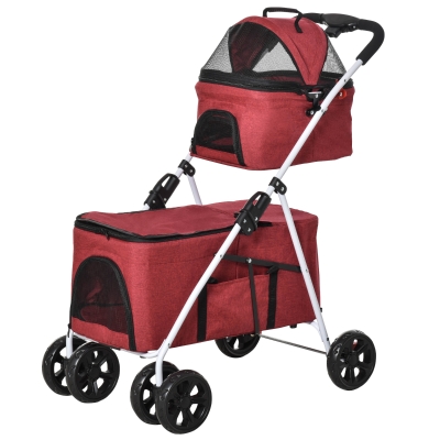 PawHut Cochecito para Mascotas Plegable con Solo un Clic Carrito para Perros Desmontable con 2 Niveles Ruedas Giratorias Frenos Ventana y Bolsillos 82x48x92 cm Rojo