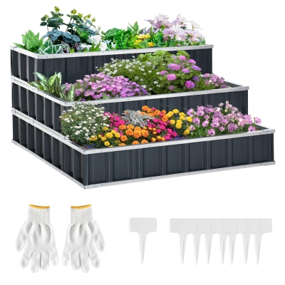 Outsunny Jardinera de 3 Niveles de Jardín Acero Arriate de Escalera Huerto Urbano para Cultivos Plantas Flores para Terraza Exterior 118x118x62 cm Gris