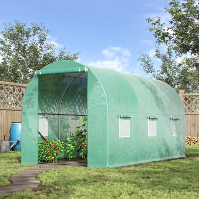 Outsunny 4 x 2 x 2 m Polytunnel Greenhouse with Roll-up Door and 6 Mesh Windows, Walk-in Garden Tunnel Warm House Tent with UV-resistant PE Cover and Galvanised Steel Frame, Green