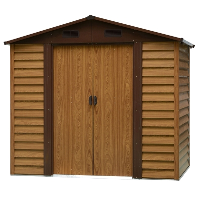 Outsunny Geräteschuppen Geräteschrank Schuppen Gerätehaus Gartenhaus Holzmaserungsimitat+Kaffee L152 x B235,7 x H208,7 cm