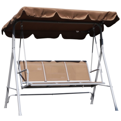 Outsunny Metal Swing Chair Garden Hammock Bench 3 Seater Rock Shelter Brown