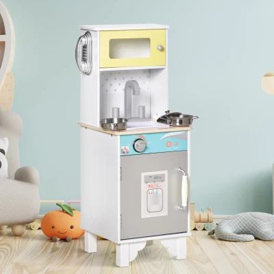 HOMCOM Kids Toy Kitchen, Wooden Pretend Role Playset Play Cooking Set with Sink, Telephone, Pots, Multiple Storage, for 3-6 Years