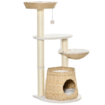 PawHut Cat Tree Tower Climbing Activity Center Kitten Furniture with Cattail Fluff Bed Condo Sisal Scratching Post Hanging Ball 50 x 50 x 119cm Natural