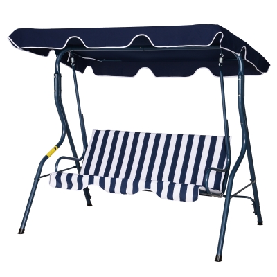 Outsunny 3 Seater Canopy Swing Chair Outdoor Garden Bench with Adjustable Canopy and Metal Frame - Blue Stripes