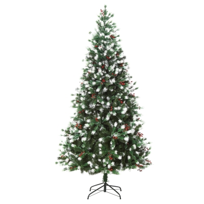 HOMCOM 6ft Snow-Dipped Artificial Christmas Tree w/ Red Berries Metal Base Home Season Decoration Holiday Elegant Traditional