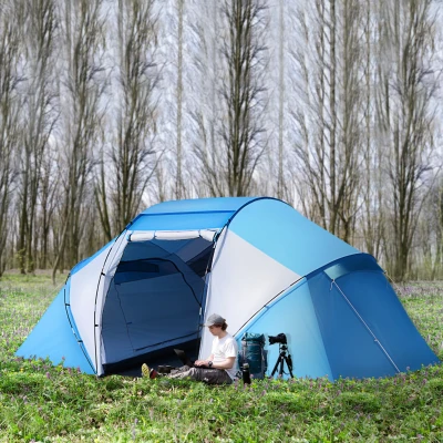 OUTSUNNY 4 Man Dome Tent Water Resistant Camping Hiking Shelter UV Protection Tunnel Sun Shade Blue and White