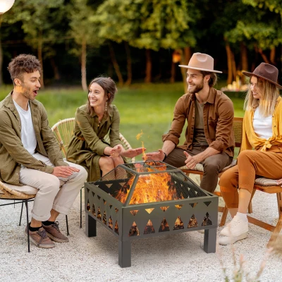Outsunny 66cm Outdoor Fire Pit with Screen Cover & Poker, Wood-burning Firepit Bowl for Patio, Backyard, Black