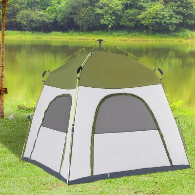 Outsunny 4 Person Automatic Camping Tent, Outdoor Pop Up Tent, Portable Backpacking Dome Shelter, Green