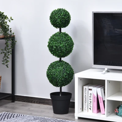 Outsunny Artificial Boxwood Three Balls Tree Decorative  Plant Leaves w/ Black Nursery Pot Home Décor