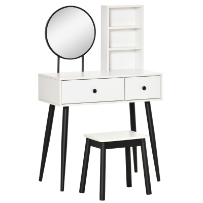 HOMCOM Tavolo per Trucco con Sgabello, Specchio e Cassetti in Legno, Bianco e Nero