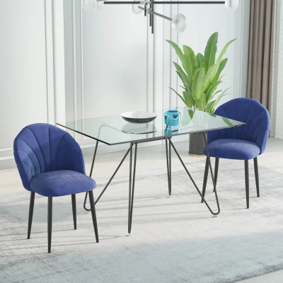 HOMCOM Nordic Armless Velvet Upholstered Dining Chair with Curved Backrest and Metal Legs Accent Leisure Chairs Set of 2, Blue