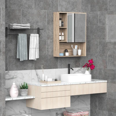 Kleankin Wall-Mounted Wooden Storage Bathroom Mirror Cabinet with Glass Door Adjustable Open Shelf Oak Grain