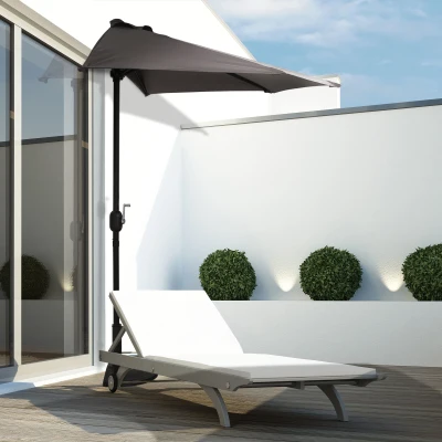 Outsunny Balcony Half Parasol Semi Round Umbrella Patio Aluminium Frame Crank Handle (2.7m, Grey)- NO BASE INCLUDED