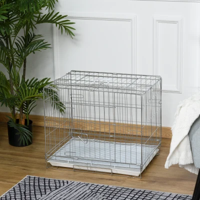 PawHut Metal Dog Crates Foldable Puppy Kennel Pet Cage House with Lockable Door Removable Tray Easy to Carry and Clean