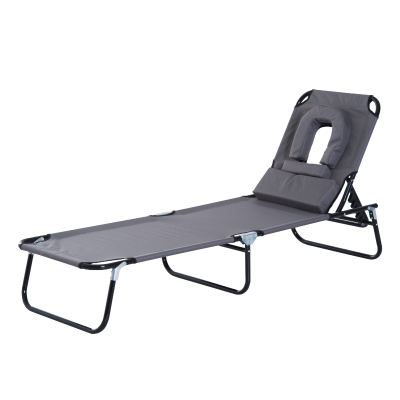 Outsunny Sun Lounger Foldable Reclining Chair with Pillow and Reading Hole Garden Beach Outdoor Recliner Adjustable Grey