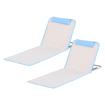 Outsunny 2 Pieces Outdoor Lounger Beach Mat Patio Steel Reclining Chair Set w/ Pillow Sunbath Beige