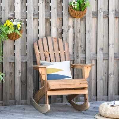 OUTSUNNY Adirondack Rocking Chair with Slatted Design and Oversize Back, Lounger for Porch, Poolside, Garden,Teak