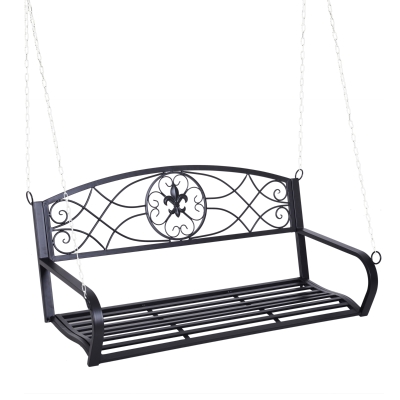 OUTSUNNY Fleur-De-Lis 2-person Porch Swing Garden Hanging Bench Outdoor Steel -Black
