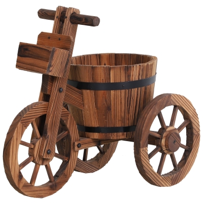 Outsunny Wooden Plant Cart Tricycle Shaped Garden Flower Pot Holder Modern Planter Display Storage Outdoor Carbonized Barrel