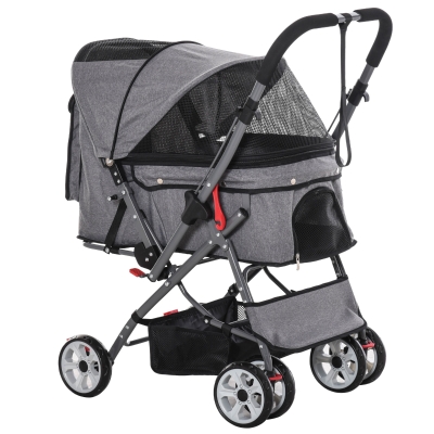 PawHut Pet Stroller Foldable Dog/Cat Travel Carriage with Reversible Handle EVA Wheels Brakes Basket Storage Bag 3-stage Canopy Zippered Mesh Window Door Grey
