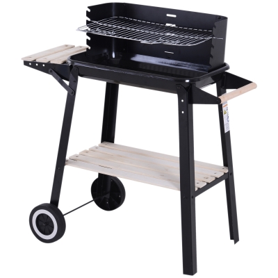 OUTSUNNY Trolley Charcoal BBQ Barbecue Grill Outdoor Patio Garden Heating Smoker with Side Trays Storage Shelf and Wheels