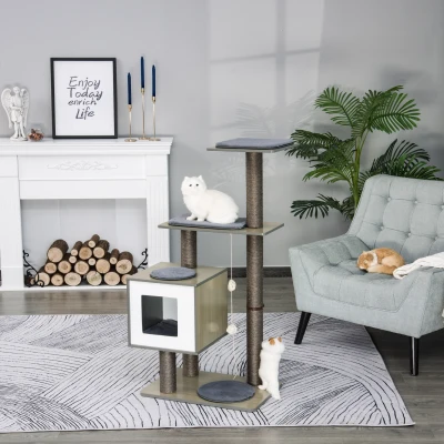 PawHut 120cm Multi-level Cat Tree Kittens Activity Tower with Scratching Posts Pet Play House Furniture, Grey