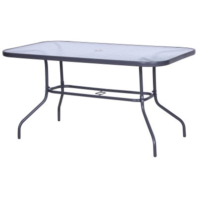 OUTSUNNY Garden Dining Table Glass Top Metal Frame with Parasol Hole Outdoor Balcony Grey 140L x 80Wcm