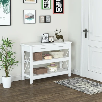 HOMCOM Entryway Console Sofa Table with 2 Drawers and Storage Shelves,Steel X-Frame, White