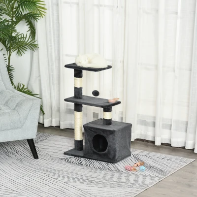 PawHut Plush Cat Tree Tower Activity Center with Sisal Scratching Posts Perch Condo, Dark Grey
