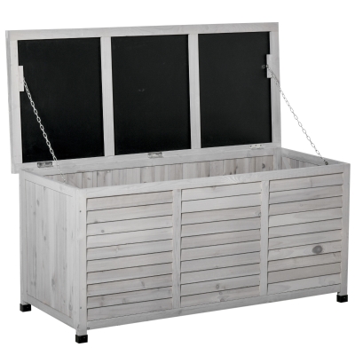 Outsunny Garden Wooden Storage Container Box Multipurpose Outdoor Patio Furniture w/ Chains for Outdoor Garden Tools and Pool Toys, Grey