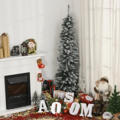 HOMCOM 1.8m Artificial Flocked Christmas Tree Pencil Silm Style Snow Tipped Tree Easy Assembly with Foldable Base for Indoor Holiday Decoration