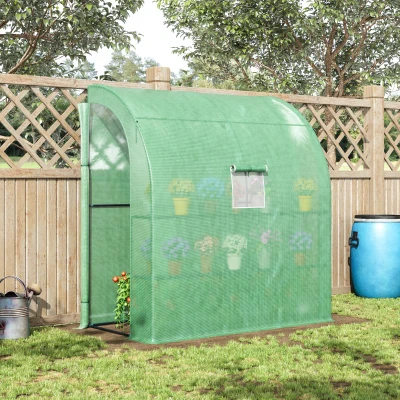 Outsunny Walk-In Lean to Wall Greenhouse with Windows and Doors, Outdoor Green House with 3 Tiers 4 Wired Shelves, 200L x 100W x 215Hcm, Green