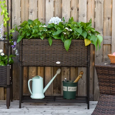 PE Rattan Raised Flower Plant Vegetables Stand Rack Shelf Box Growth Outdoor Indoor