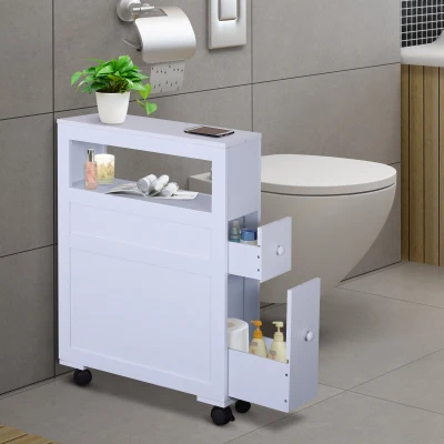 HOMCOM Rolling Bathroom Storage Cabinet Slim Side Holder Organizer with Drawers-White