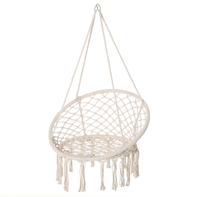 Outsunny Macrame Hanging Chair Swing Hammock for Indoor & Outdoor Use with Backrest, Cotton-Polyester Blend,Fringe Tassels, White