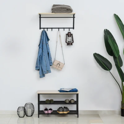 HOMCOM 2 Piece Entryway Organizer Wall Mounted Coat Rack with 6 Hooks Storage Shoe Rack Hallway Furniture Set
