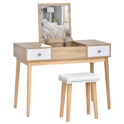 HOMCOM Dressing Table Set with Flip Top Mirror and Cushioned Stool, Makeup Vanity Dressing Table Dresser Desk with 2 Drawers and Storage Grids for Bedroom, Natural