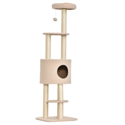 PawHut 5-Levels Plush Cat Tree Tower Activity Center with Sisal Scratching Posts Perch Roomy Condo Funny ball, Beige