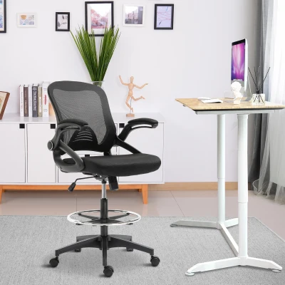 Vinsetto Adjustable Drafting Chair Tall Office Chair Ergonomic Mesh Back with Flip-up Armrest and Footrest, 360° Swivel, Black