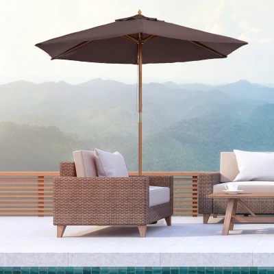 Outsunny 2.5m Wood Wooden Garden Parasol Sun Shade Patio Outdoor Umbrella Canopy New(Coffee)