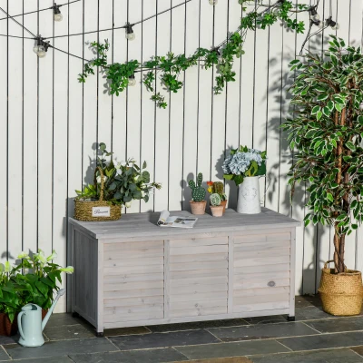 Outsunny Baúl de Madera Exterior Caja de Almacenamiento de Jardín con Tapa Abrible y Diseño Persiana 127x56x60 cm Madera Gris