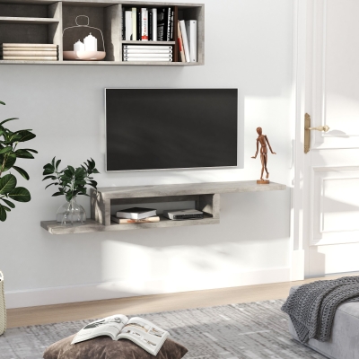 HOMCOM Mueble de TV Mesa Flotante para Televisión hasta 60 Pulgadas en la Pared con 2 Estantes Madera Efecto Cemento 152,4x29,8x21 cm Gris