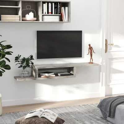 HOMCOM Mueble de TV Mesa Flotante para Televisión hasta 60 Pulgadas en la Pared con 2 Estantes Madera Efecto Cemento 152,4x29,8x21 cm Gris