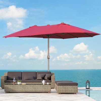 Outsunny Sombrilla Doble Parasol Grande 4,6x2,7m Sombrilla Jardín Patio con Manivela Manual Resistente al Agua y Protección Solar UV para Terraza Playa Piscina Café