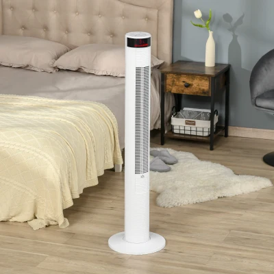 HOMCOM Ventilador de Torre 96 cm 45W con Mando a Distancia 3 Velocidades 4 Modos Oscilación de 70° Pantalla LED Táctil Temporizador 12h Silencioso y Asa de Transporte Negro
