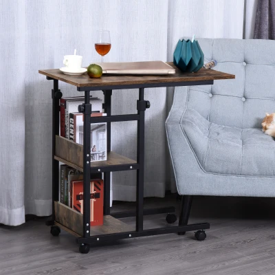 HOMCOM Mesa Auxiliar de Sofá Mesa Lateral en Forma de C con 4 Ruedas Giratorias Frenos Altura Ajustable 3 Niveles Marco Metal 80x40x75-85 cm Negro
