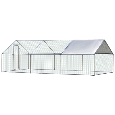PawHut Recinto per Galline e Conigli in Metallo con Copertura in Tessuto Impermeabile Anti-UV, 303.5x600x195cm Argento